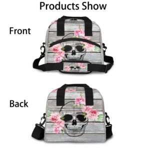 Insulated Lunch Bag for Women Men Rustic Wood Goth Skull Pink Flower Lunch Box Reusable Lunch Cooler Bag Large Lunch Tote Bag for Work Picnic Travel School