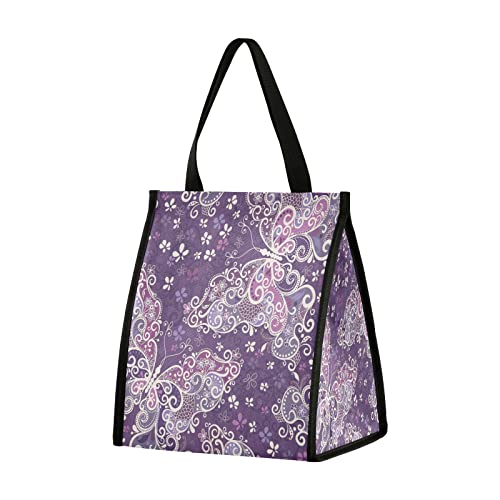 ALAZA Beautiful Butterfly Purple Insulated Lunch Bag Reusable Lunch Tote Bag for Work Picnic School M