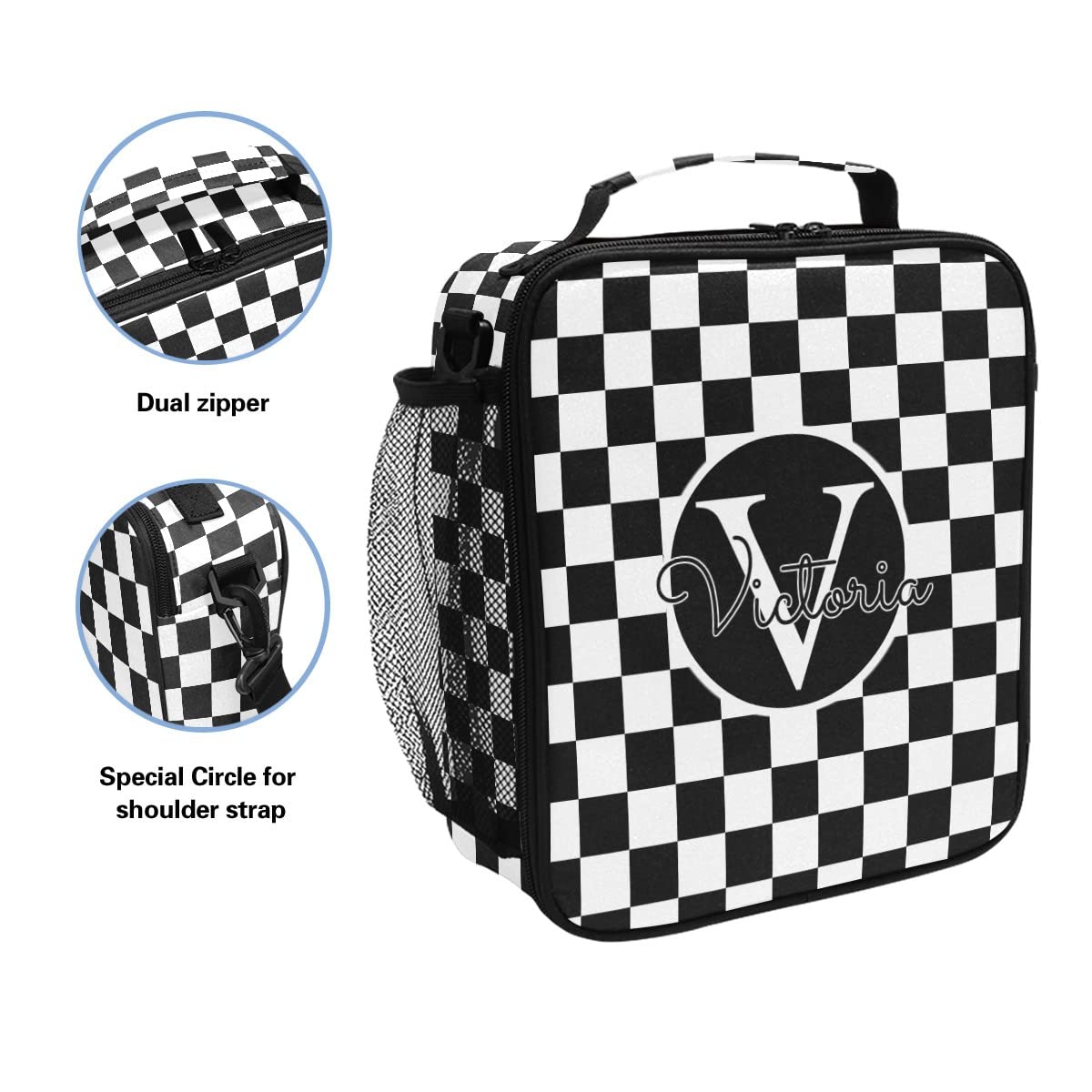 RunningBear Custom Checkerboard Plaid Lunch Bag Personalized Reusable Insulated Lunch Box Bag with Adjustable Strap Tote Box Container Organizer for School, Outdoors, Gym