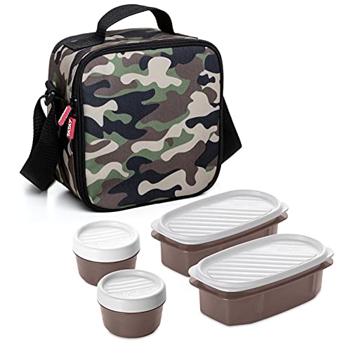 TATAY Urban Food Casual - Insulated Lunch Bag, 3L Capacity, 4 Plastic Food Storage Containers (2 x 0.5 L, 2 x 0.2 L) BPA Free, Camouflage. Measure 22.5 x 10 x 22 cm