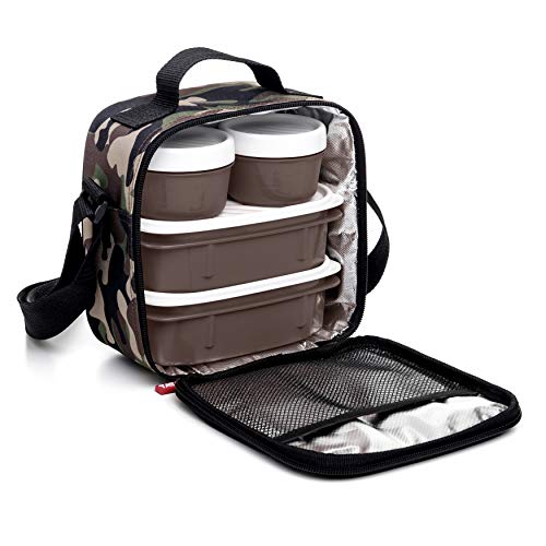 TATAY Urban Food Casual - Insulated Lunch Bag, 3L Capacity, 4 Plastic Food Storage Containers (2 x 0.5 L, 2 x 0.2 L) BPA Free, Camouflage. Measure 22.5 x 10 x 22 cm