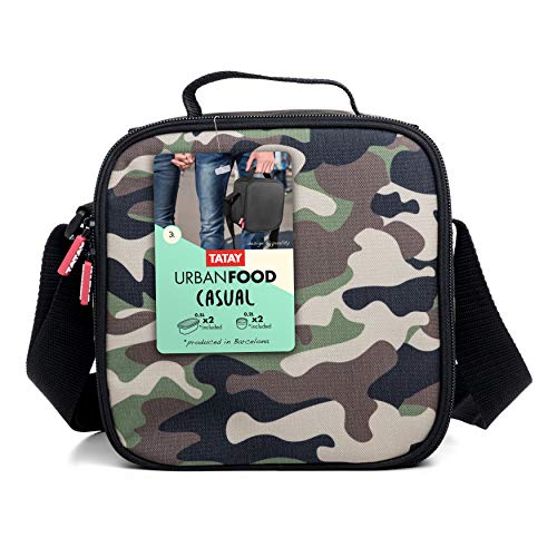 TATAY Urban Food Casual - Insulated Lunch Bag, 3L Capacity, 4 Plastic Food Storage Containers (2 x 0.5 L, 2 x 0.2 L) BPA Free, Camouflage. Measure 22.5 x 10 x 22 cm