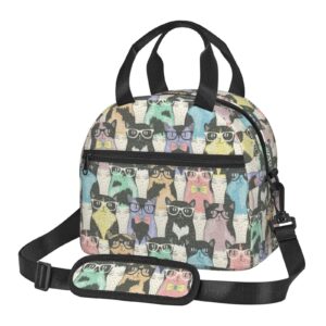 juoritu hipster cute cats insulated lunch bag with straps, lunch box for women and men, waterproof tote bag for office and travel