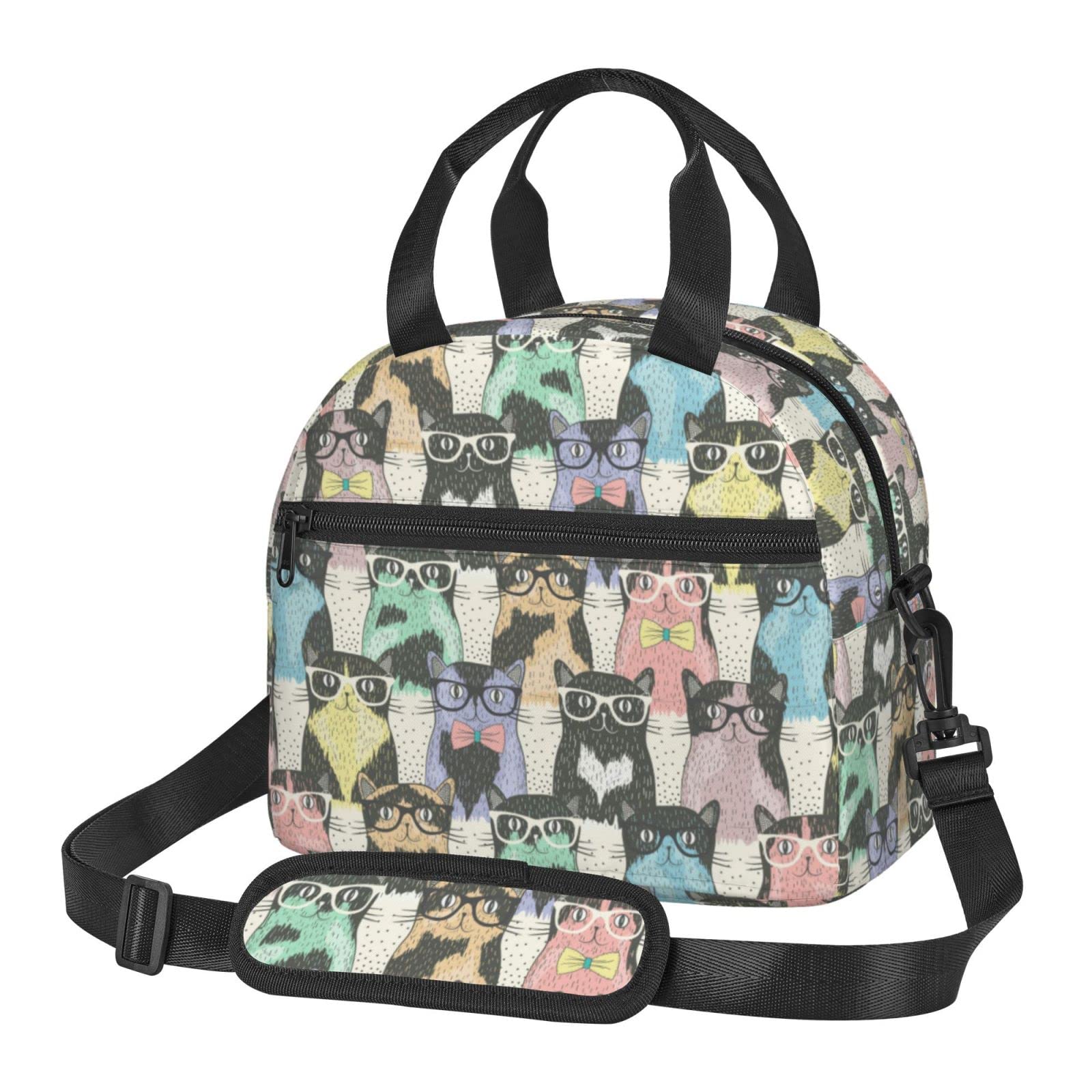 Juoritu Hipster Cute Cats Insulated Lunch Bag with Straps, Lunch Box for Women and Men, Waterproof Tote Bag for Office and Travel