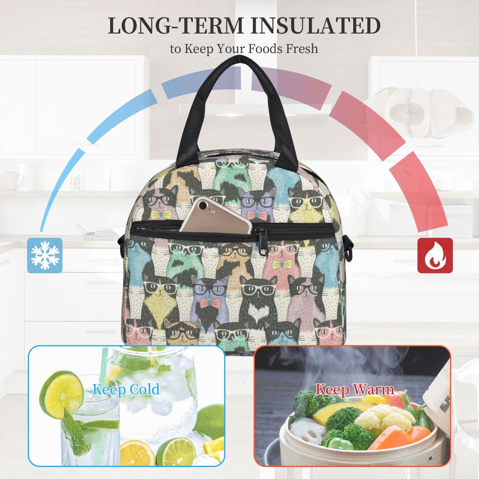 Juoritu Hipster Cute Cats Insulated Lunch Bag with Straps, Lunch Box for Women and Men, Waterproof Tote Bag for Office and Travel