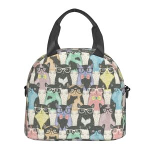 Juoritu Hipster Cute Cats Insulated Lunch Bag with Straps, Lunch Box for Women and Men, Waterproof Tote Bag for Office and Travel