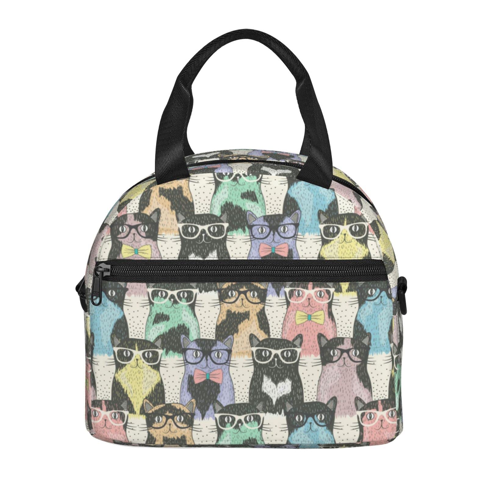 Juoritu Hipster Cute Cats Insulated Lunch Bag with Straps, Lunch Box for Women and Men, Waterproof Tote Bag for Office and Travel