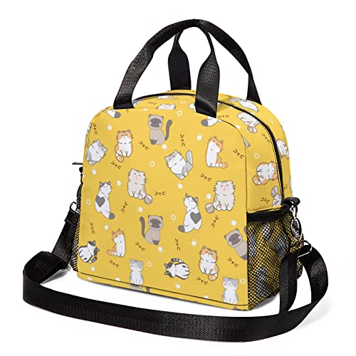 Reusable Insulated Lunch Bag Yellow Cats for Boys and Girls, Cooler Lunch Box with Adjustable Removable Shoulder Strap for Women Men, Lunch Tote Bag with Side Pockets for Picnic Work Outdoors