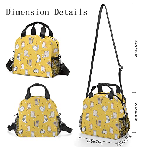 Reusable Insulated Lunch Bag Yellow Cats for Boys and Girls, Cooler Lunch Box with Adjustable Removable Shoulder Strap for Women Men, Lunch Tote Bag with Side Pockets for Picnic Work Outdoors