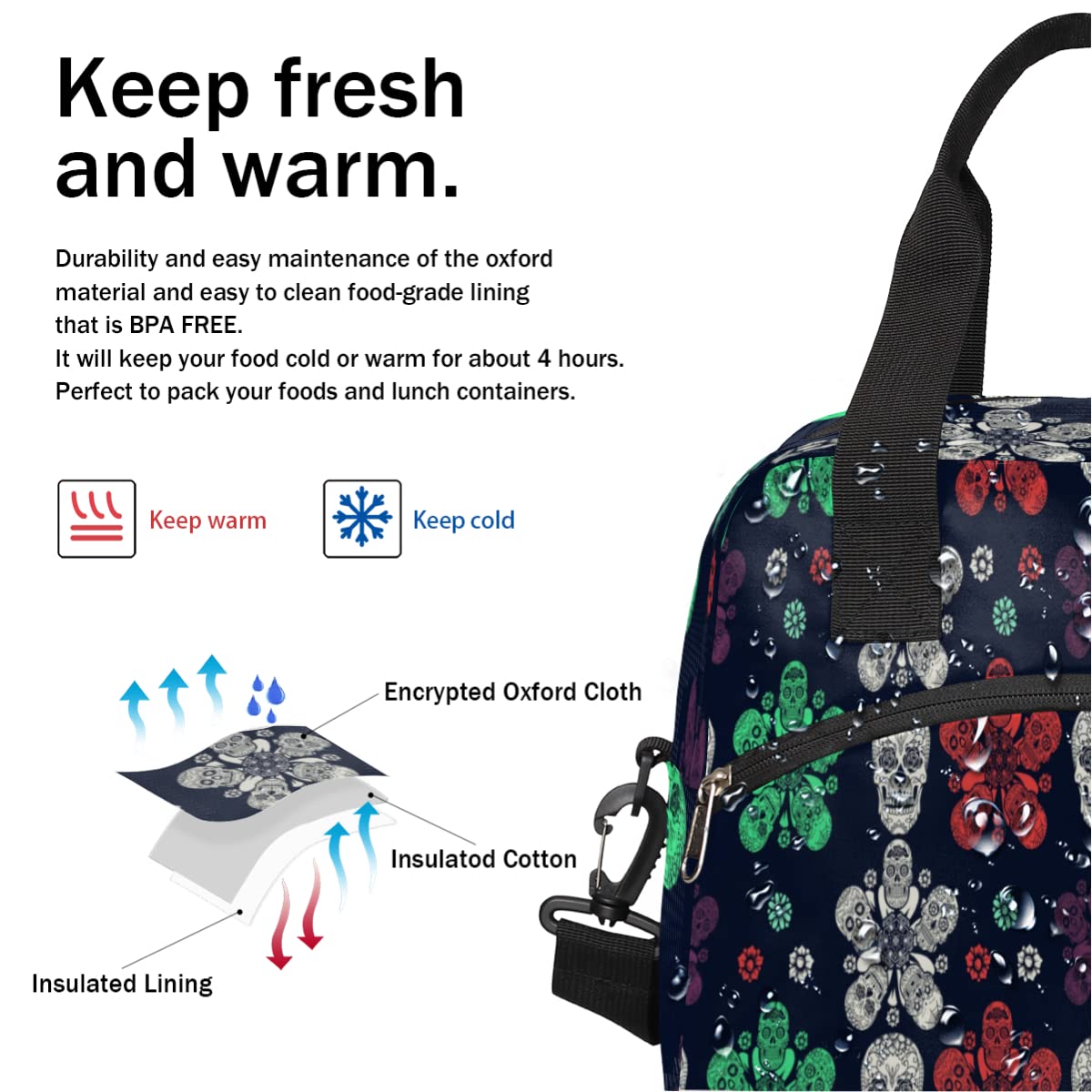 Insulated Lunch Bag for Women Men Colorful Floral Goth Mexican Skull Lunch Box Reusable Lunch Cooler Bag Large Lunch Tote Bag for Work Picnic Travel School