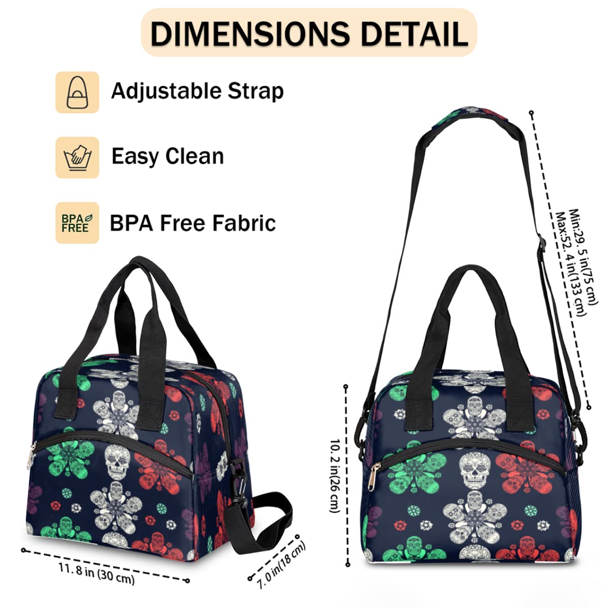 Insulated Lunch Bag for Women Men Colorful Floral Goth Mexican Skull Lunch Box Reusable Lunch Cooler Bag Large Lunch Tote Bag for Work Picnic Travel School