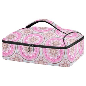 ethnic floral with mandala double insulated casserole carrier for hot or cold food, expandable hot food carrier bag, insulated food bag for parties, beach, picnic, camping