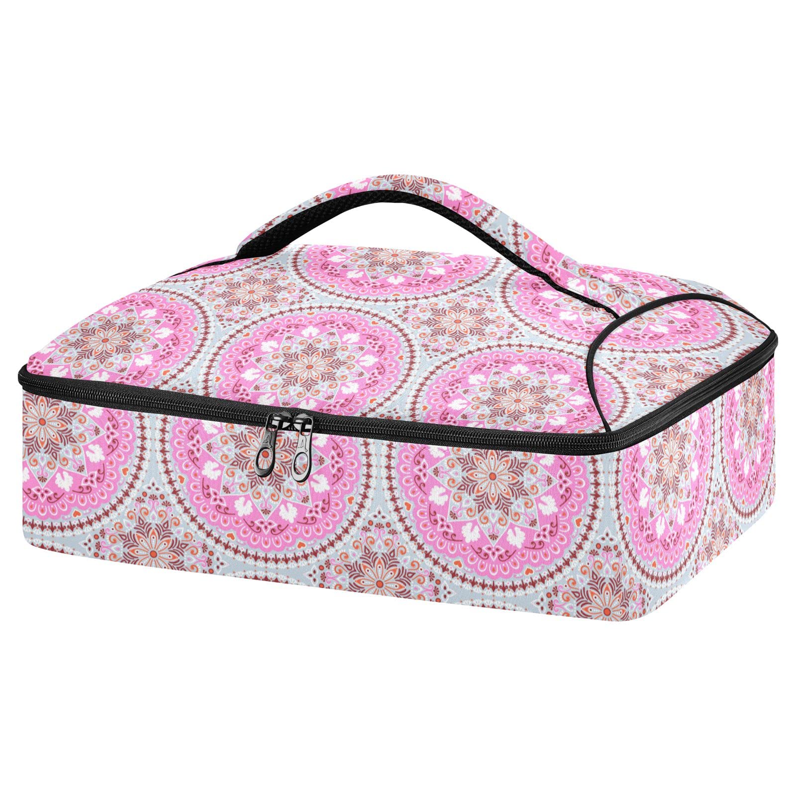 Ethnic Floral with Mandala Double Insulated Casserole Carrier For Hot or Cold Food, Expandable Hot Food Carrier Bag, Insulated Food Bag for Parties, Beach, Picnic, Camping