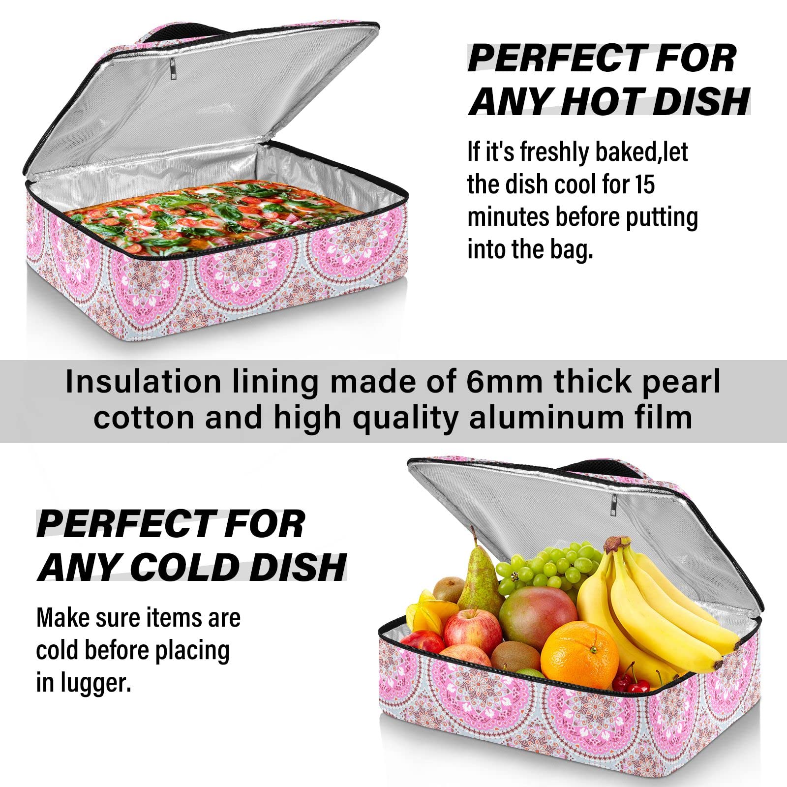 Ethnic Floral with Mandala Double Insulated Casserole Carrier For Hot or Cold Food, Expandable Hot Food Carrier Bag, Insulated Food Bag for Parties, Beach, Picnic, Camping