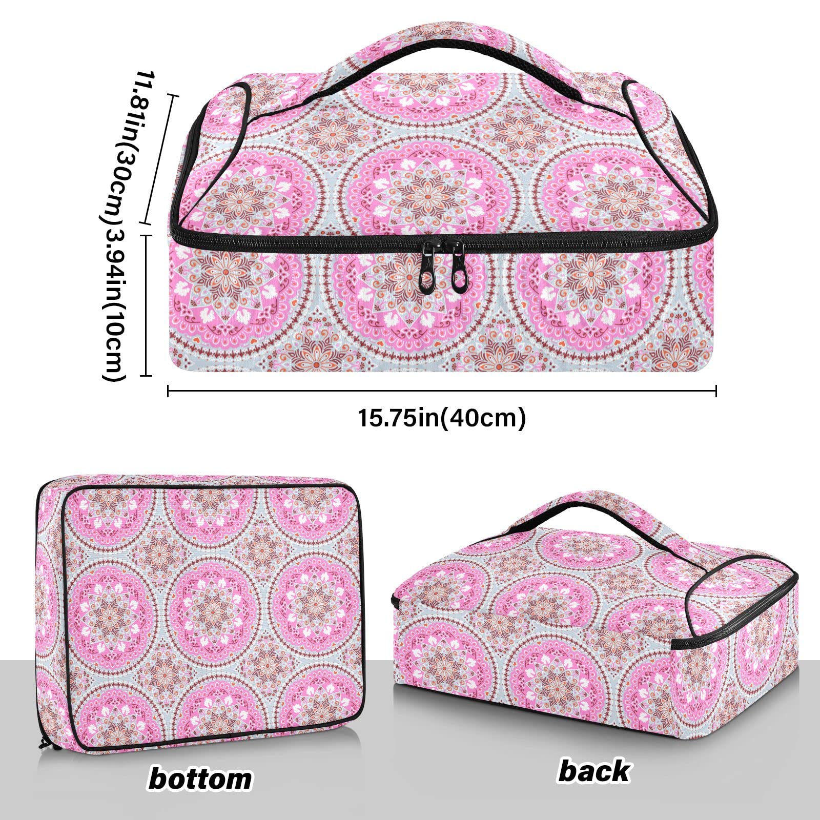 Ethnic Floral with Mandala Double Insulated Casserole Carrier For Hot or Cold Food, Expandable Hot Food Carrier Bag, Insulated Food Bag for Parties, Beach, Picnic, Camping