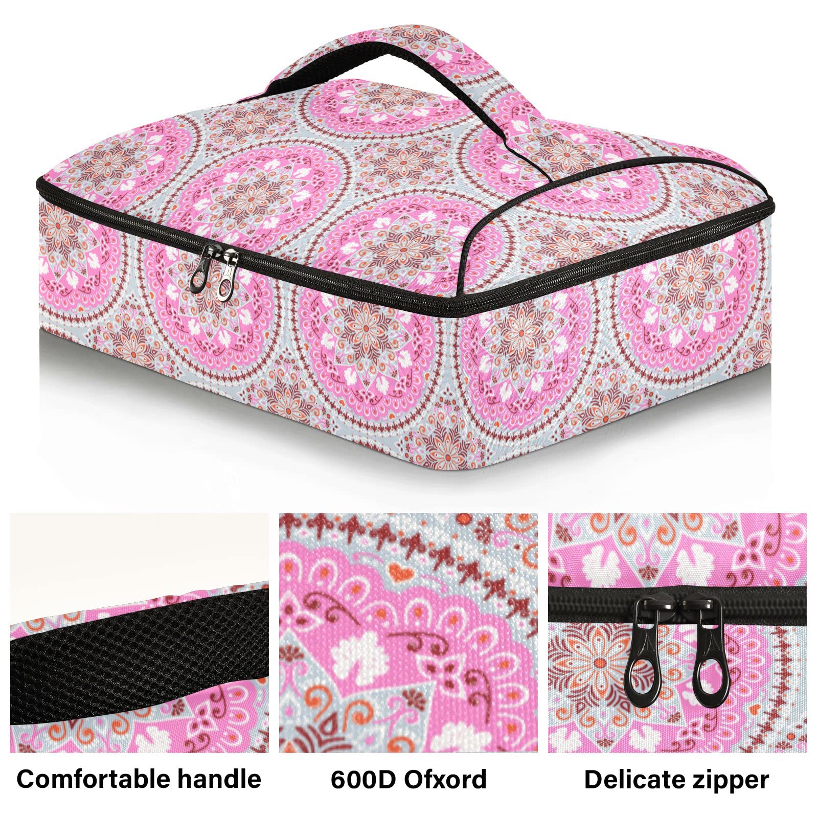 Ethnic Floral with Mandala Double Insulated Casserole Carrier For Hot or Cold Food, Expandable Hot Food Carrier Bag, Insulated Food Bag for Parties, Beach, Picnic, Camping