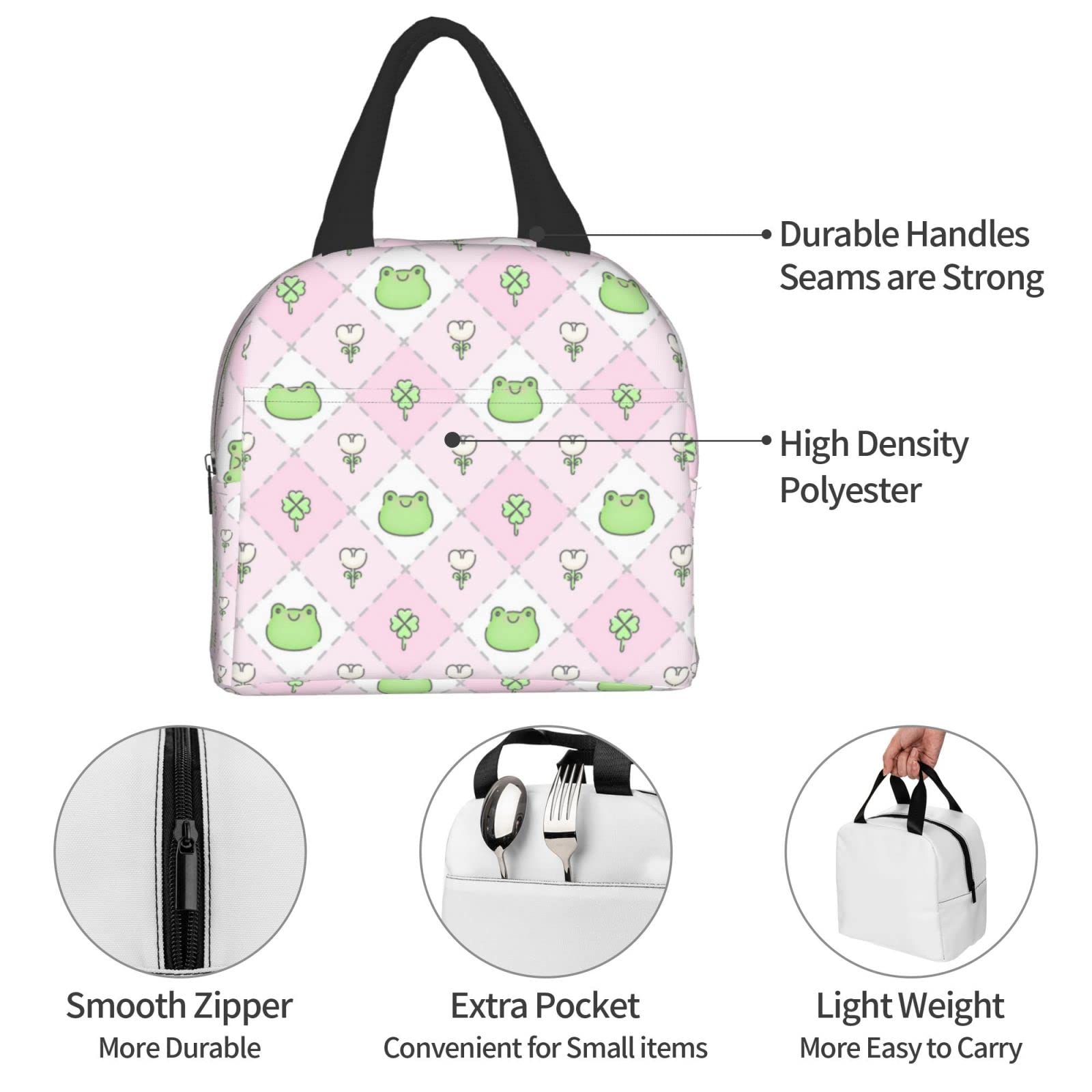 Ucsaxue Green Frog Kawaii Pink Lunch Bag Travel Box Work Bento Cooler Reusable Tote Picnic Boxes Insulated Container Shopping Bags For Adult Women Men