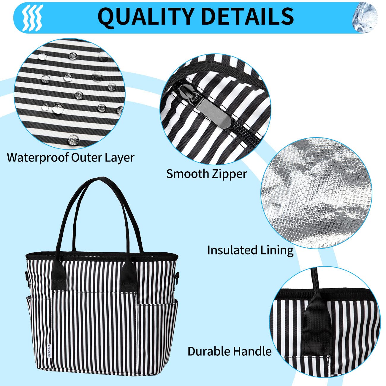 Lunch Bag for Women, ChaseChic Insulated Thermal Lunch Tote Bag Large Lunch Box Container for Adults with Adjustable Shoulder Strap, Reusable Lunch Cooler Bag for Office Work Picnic, Stripe