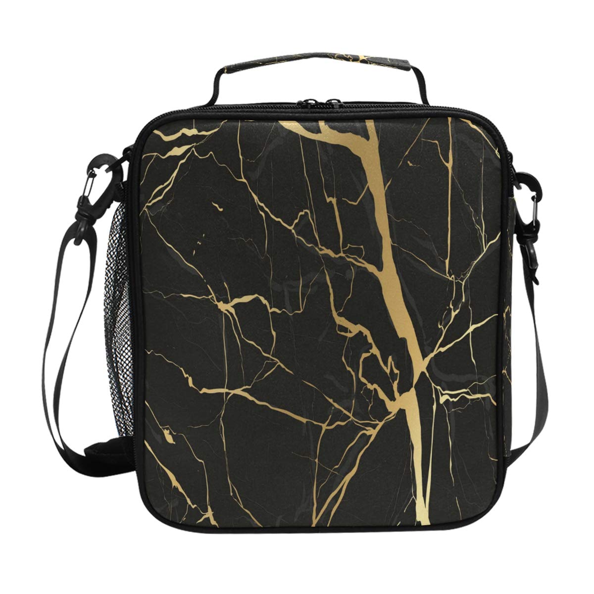 Pfrewn Luxury Black Gold Marble Lunch Box Luxury Black Gold Marble Insulated Lunch Bag Reusable Cooler Meal Prep Bags Lunch Tote with Shoulder Strap for School Kids Boys Girls