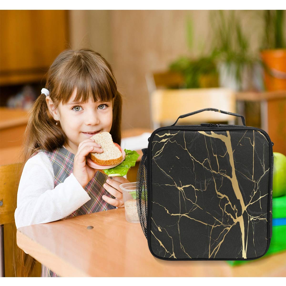 Pfrewn Luxury Black Gold Marble Lunch Box Luxury Black Gold Marble Insulated Lunch Bag Reusable Cooler Meal Prep Bags Lunch Tote with Shoulder Strap for School Kids Boys Girls