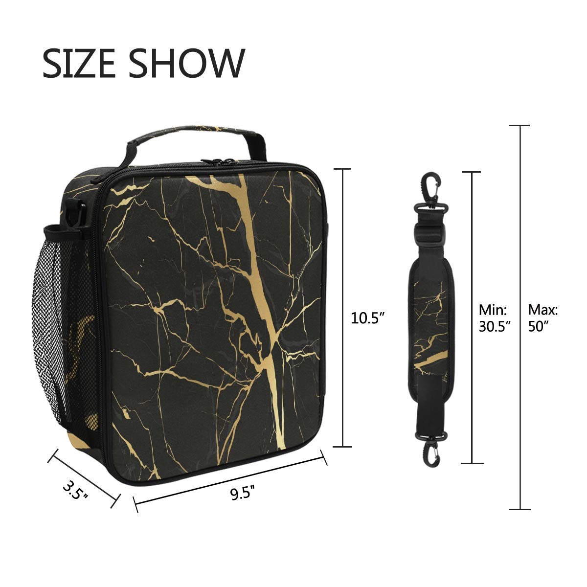 Pfrewn Luxury Black Gold Marble Lunch Box Luxury Black Gold Marble Insulated Lunch Bag Reusable Cooler Meal Prep Bags Lunch Tote with Shoulder Strap for School Kids Boys Girls