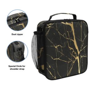 Pfrewn Luxury Black Gold Marble Lunch Box Luxury Black Gold Marble Insulated Lunch Bag Reusable Cooler Meal Prep Bags Lunch Tote with Shoulder Strap for School Kids Boys Girls