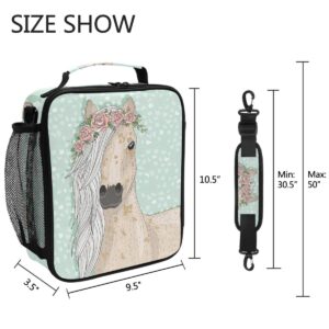 Pfrewn Cute Horse Lunch Box Unicorn Animals Flowers Fairytale Insulated Lunch Bag Reusable Cooler Meal Prep Bags Lunch Tote with Shoulder Strap for Office Adults School Kids Girls Teens