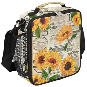 jxdxhcw retro newpaper sunflower insulated lunch bag for women men boys girls, vintage floral print tote crossbody lunchbox portable meal bag for office work school