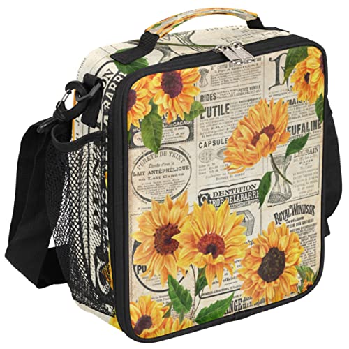JXDXHCW Retro Newpaper Sunflower Insulated Lunch Bag for Women Men Boys Girls, Vintage Floral Print Tote Crossbody Lunchbox Portable Meal Bag for Office Work School