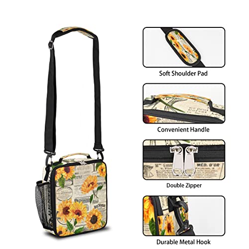 JXDXHCW Retro Newpaper Sunflower Insulated Lunch Bag for Women Men Boys Girls, Vintage Floral Print Tote Crossbody Lunchbox Portable Meal Bag for Office Work School