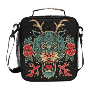 gedako kids lunch bag space insulated cooler thermal reusable lunch bag box for school children students girls boys women men (traditional dragon flowers)