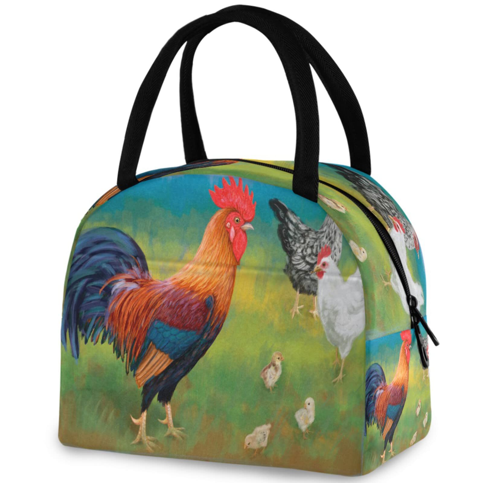 ZzWwR Village Roosters Hen Rural Reusable Lunch Tote Bag Insulated Thermal Cooler Container Bag for Back to School Work Picnic Travel Fishing Beach