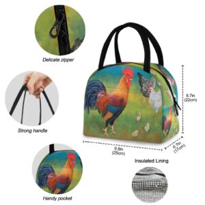 ZzWwR Village Roosters Hen Rural Reusable Lunch Tote Bag Insulated Thermal Cooler Container Bag for Back to School Work Picnic Travel Fishing Beach