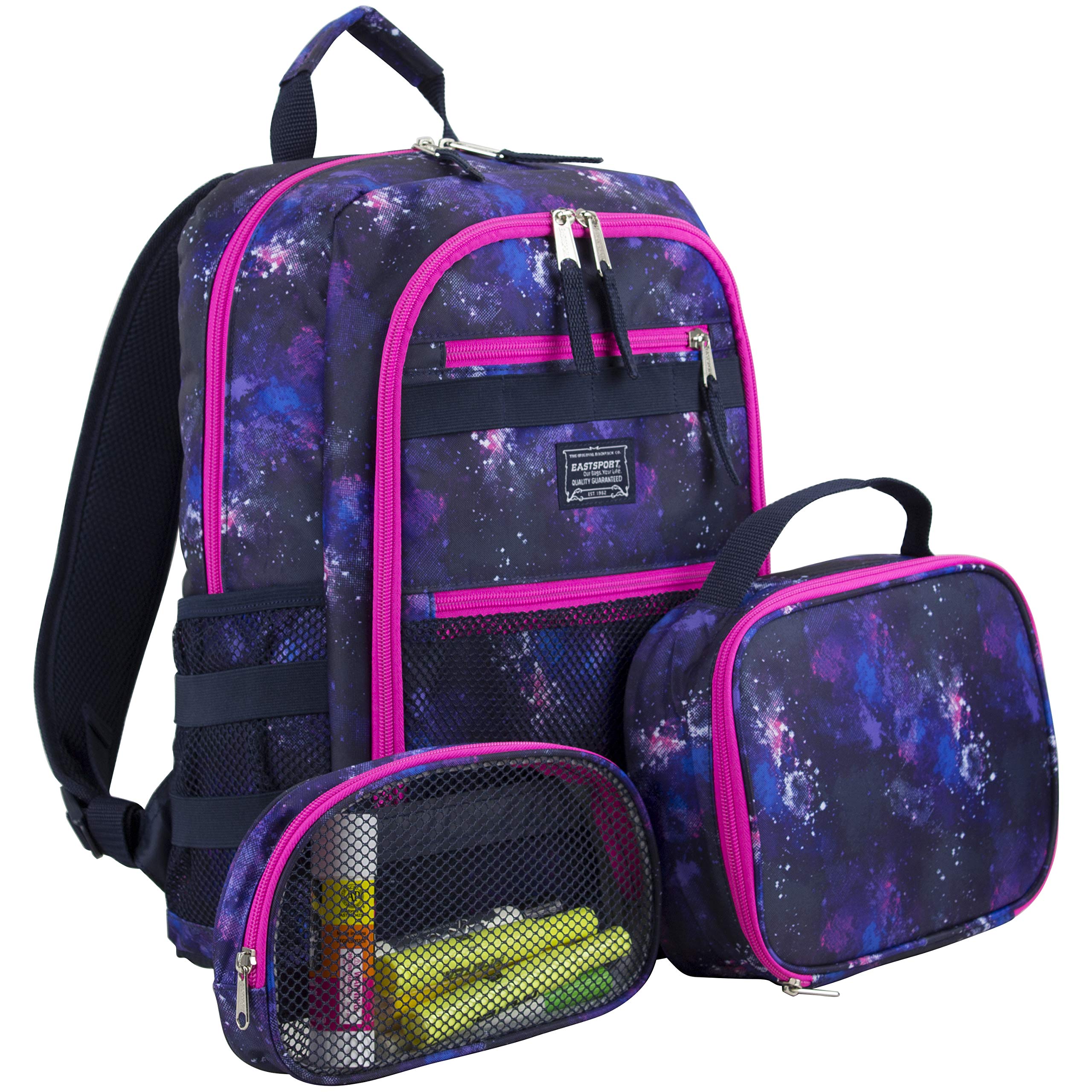 Eastsport Compact 3-Piece Combo Backpack with Lunch Box and Snack/Pencil Pouch - Purple/Pink Constellation