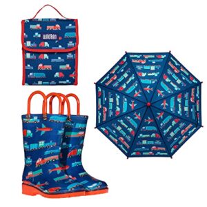 wildkin kids insulated lunch bag, umbrella with size 1 rainboots bundle for all seasons (transportation)