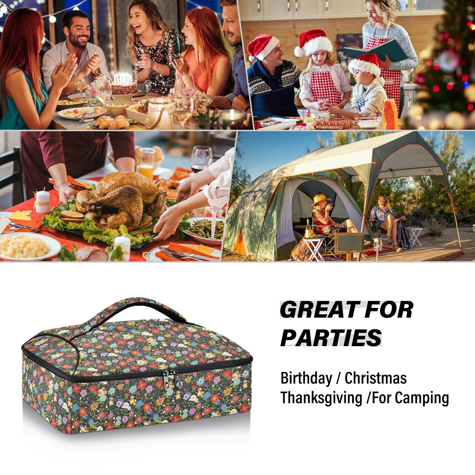 Blooming Flowers Double Insulated Casserole Carrier For Hot or Cold Food, Expandable Hot Food Carrier Bag, Insulated Food Bag for Parties, Beach, Picnic, Camping