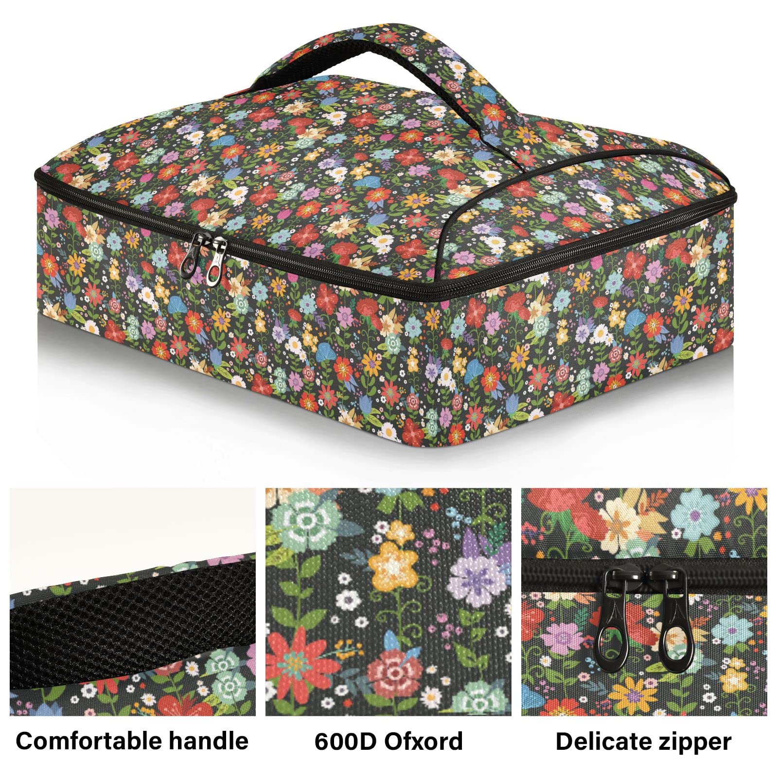 Blooming Flowers Double Insulated Casserole Carrier For Hot or Cold Food, Expandable Hot Food Carrier Bag, Insulated Food Bag for Parties, Beach, Picnic, Camping