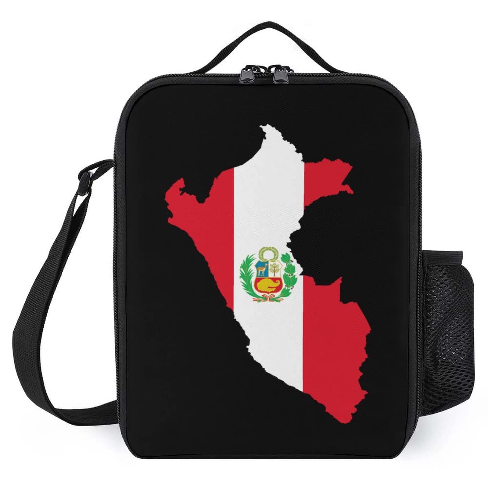 Peru Flag Map Insulated Lunch Box Printed Tote Cooler Meal Bag with Shoulder Strap for Office Work Picnic