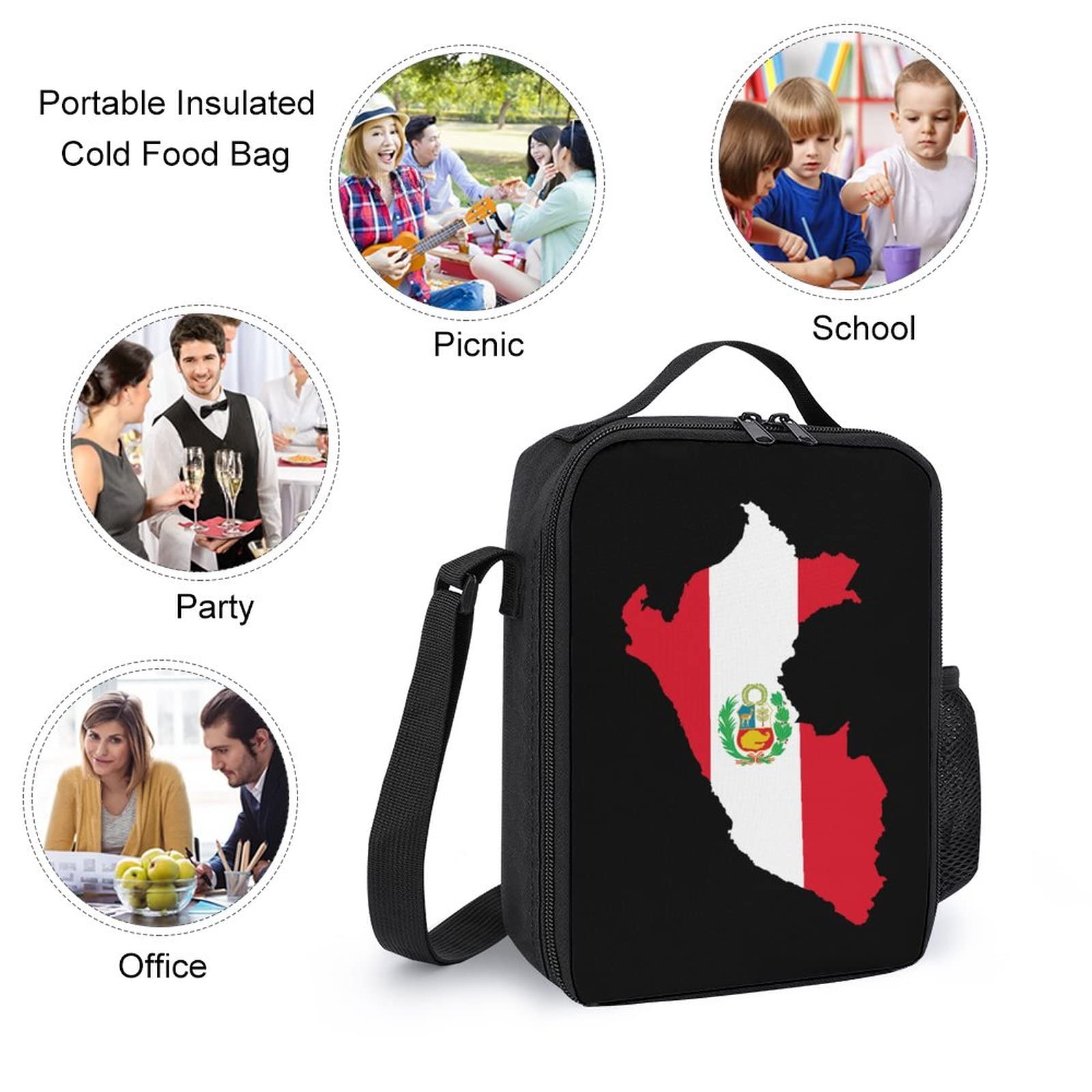 Peru Flag Map Insulated Lunch Box Printed Tote Cooler Meal Bag with Shoulder Strap for Office Work Picnic