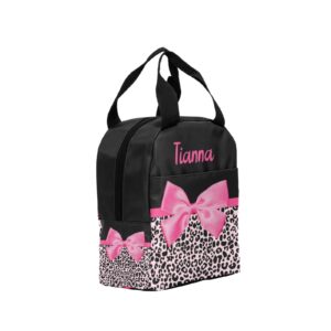 zaaprintblanket personalized leopard print pink bow lunch box for women men,custom lunch bags for teens insulated lunch tote with name reusable meal container