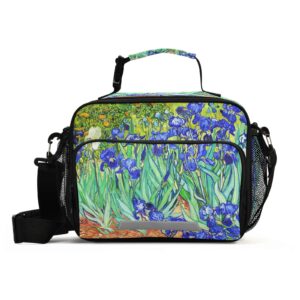 qilmy van gogh iris painting lunch bag insulated waterproof reusable lunch tote bag with detachable shoulder strap, zipper lunch box for school office travel picnic