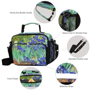 Qilmy Van Gogh Iris Painting Lunch Bag Insulated Waterproof Reusable Lunch Tote Bag with Detachable Shoulder Strap, Zipper Lunch Box for School Office Travel Picnic