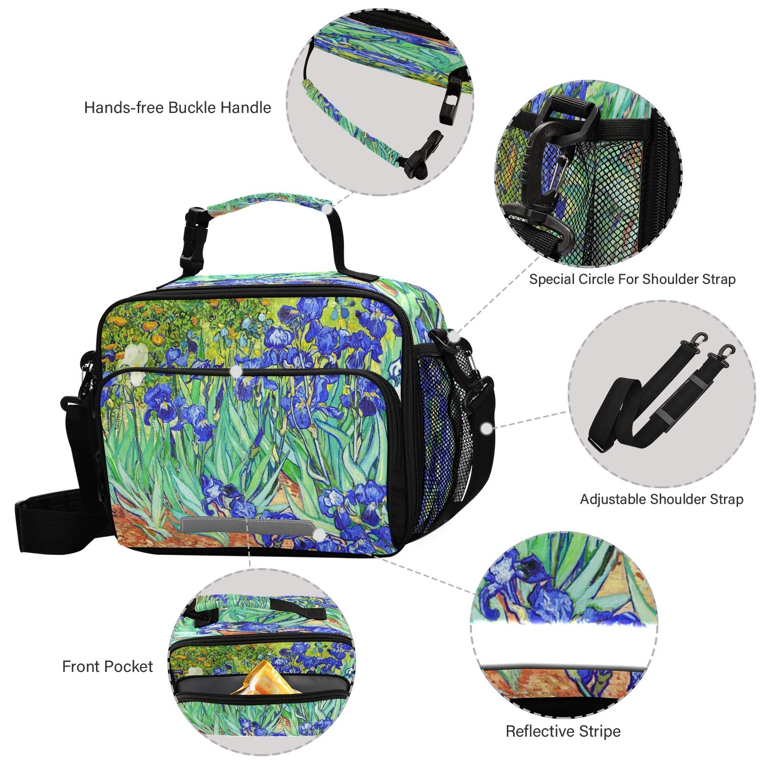 Qilmy Van Gogh Iris Painting Lunch Bag Insulated Waterproof Reusable Lunch Tote Bag with Detachable Shoulder Strap, Zipper Lunch Box for School Office Travel Picnic