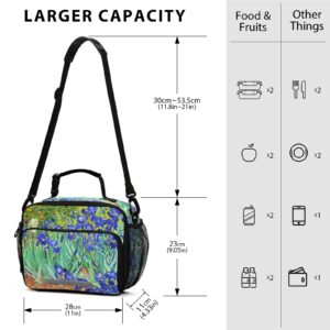 Qilmy Van Gogh Iris Painting Lunch Bag Insulated Waterproof Reusable Lunch Tote Bag with Detachable Shoulder Strap, Zipper Lunch Box for School Office Travel Picnic