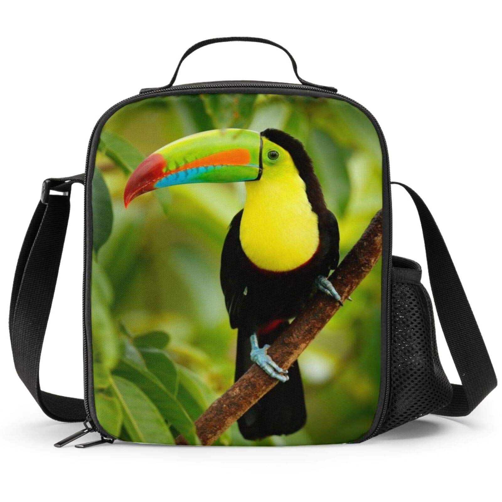 PrelerDIY Toucan Lunch Box - Insulated Lunch Box for Kids with Side Pocket & Shoulder Strap Lunch Bag, Perfect for School/Camping/Hiking/Picnic/Beach/Travel