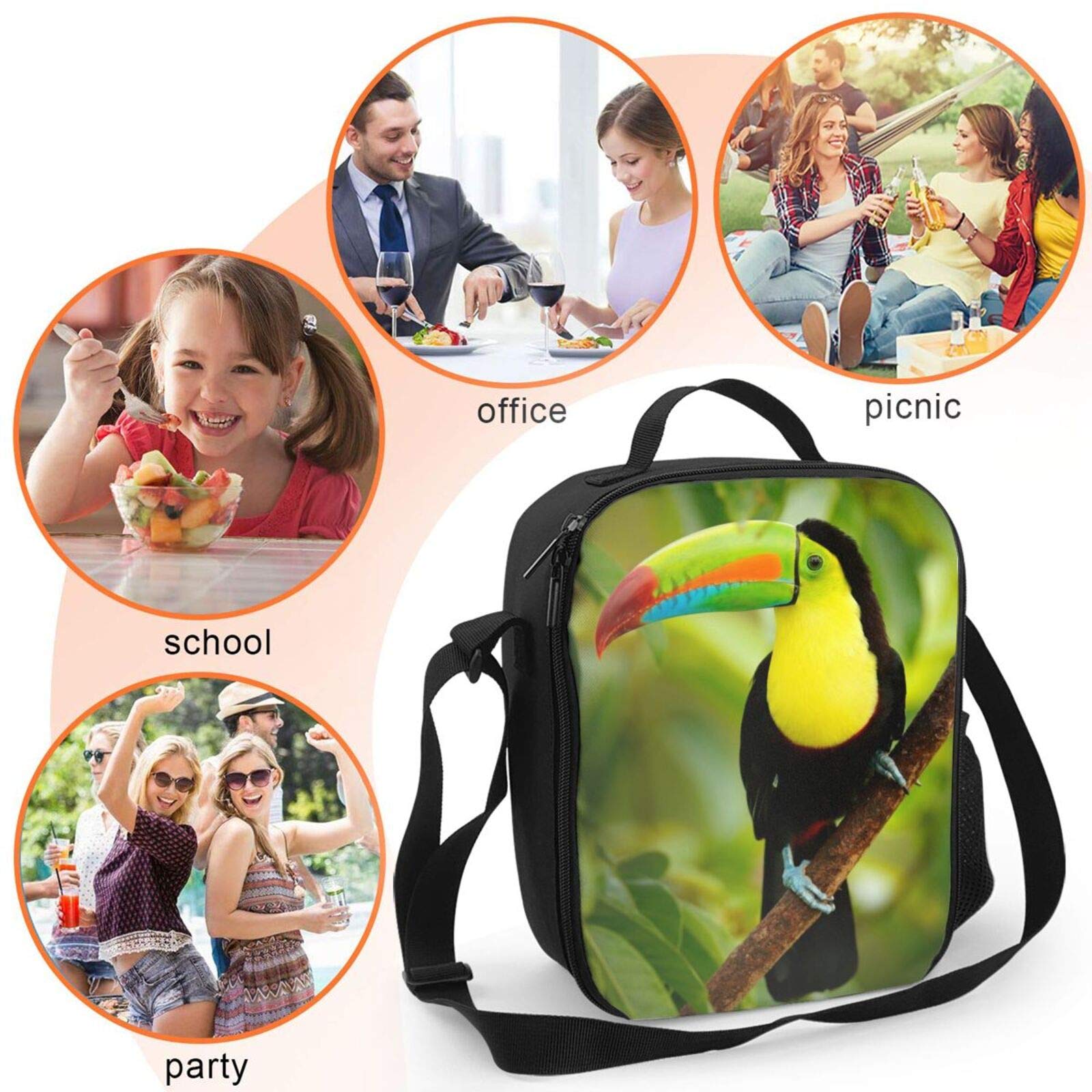 PrelerDIY Toucan Lunch Box - Insulated Lunch Box for Kids with Side Pocket & Shoulder Strap Lunch Bag, Perfect for School/Camping/Hiking/Picnic/Beach/Travel