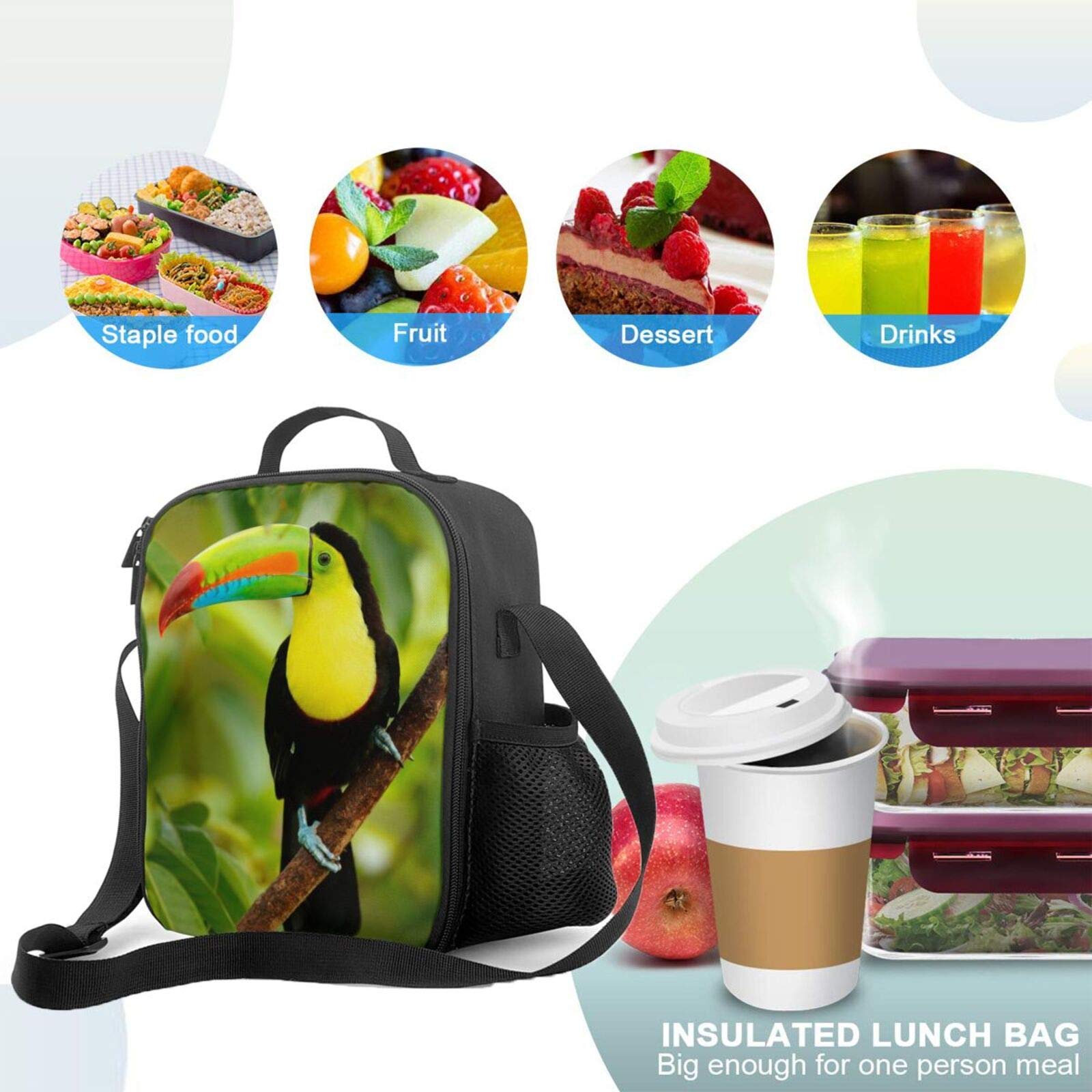 PrelerDIY Toucan Lunch Box - Insulated Lunch Box for Kids with Side Pocket & Shoulder Strap Lunch Bag, Perfect for School/Camping/Hiking/Picnic/Beach/Travel