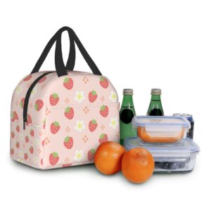 Senheol Pink Strawberry and Flowers Print Lunch Box, Kawaii Small Insulation Lunch Bag, Reusable Food Bag Lunch Containers Bags for Women Men