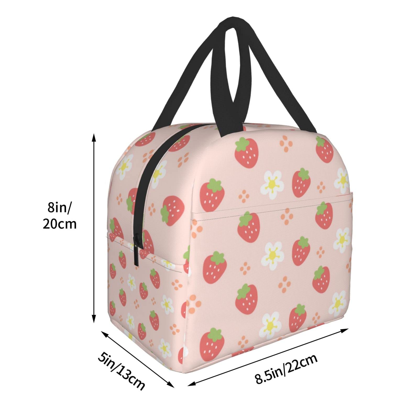 Senheol Pink Strawberry and Flowers Print Lunch Box, Kawaii Small Insulation Lunch Bag, Reusable Food Bag Lunch Containers Bags for Women Men