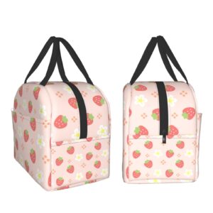 Senheol Pink Strawberry and Flowers Print Lunch Box, Kawaii Small Insulation Lunch Bag, Reusable Food Bag Lunch Containers Bags for Women Men